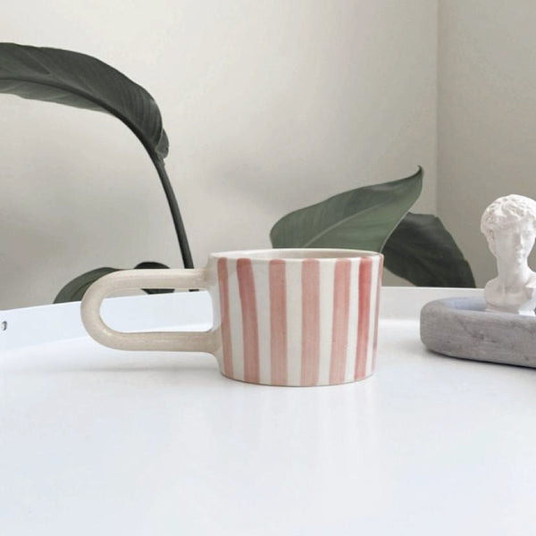 Seramik Kupa - Uzun Sap Soft Pink Stripes
