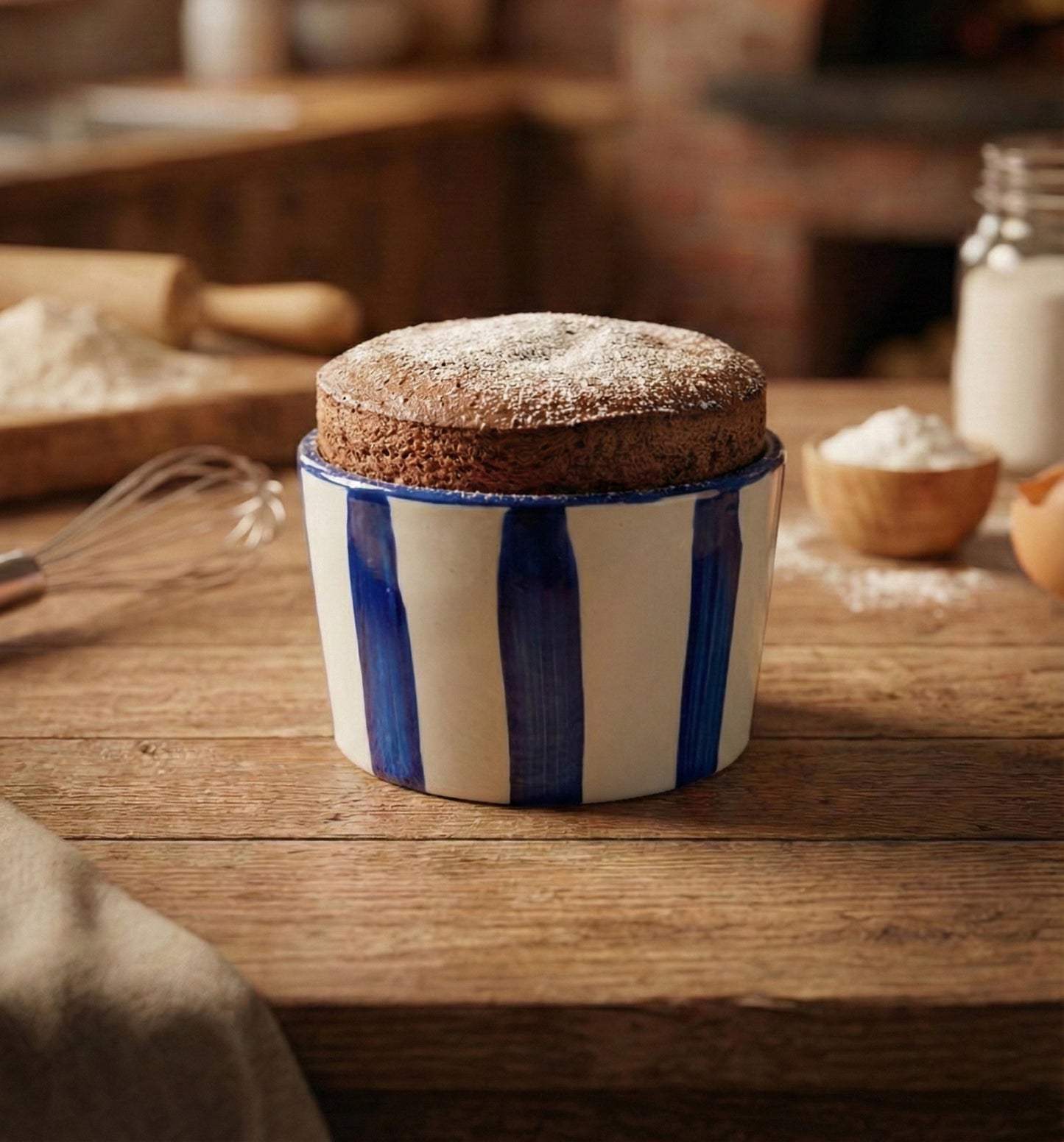 Seramik Sufle Kabı - Mavi Çizgili